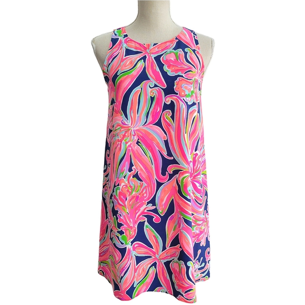 Lilly Pulitzer Jackie Silk Shift ‎ Swing Dress Resort Navy Banana Flambe Size XS